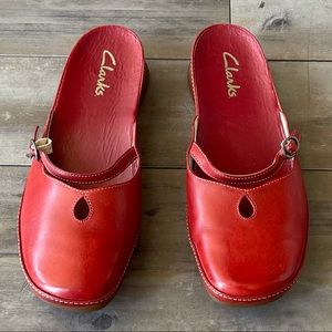 Rare Clark’s Red Leather Mules w/ rubber sole